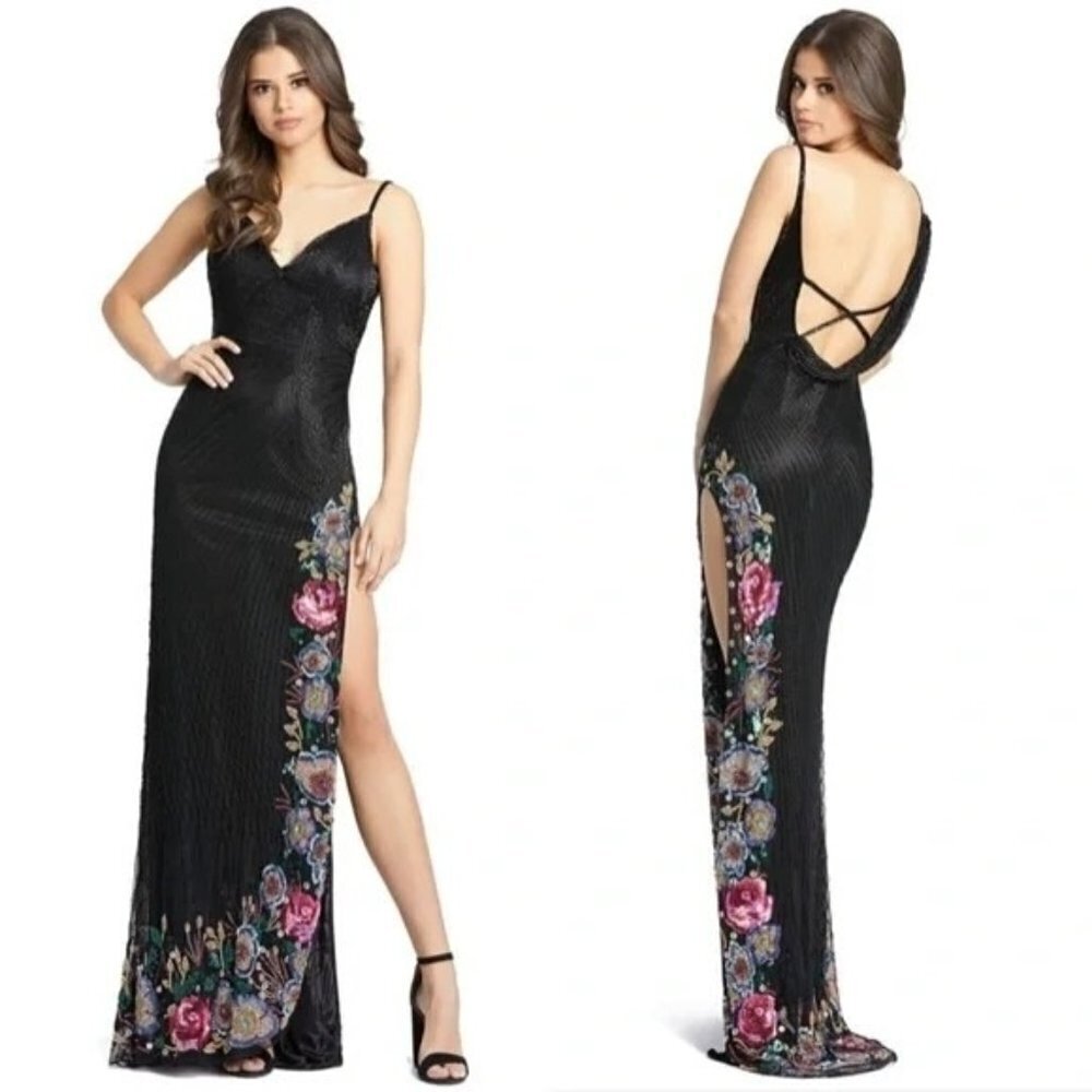 Mac Duggal Floral Slit Fully Beaded V Neck Gown Maxi Dress 5238 Black Size 2